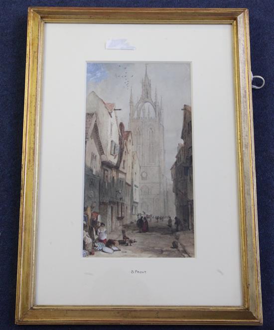 Attributed to Samuel Prout Entrance to a Continental cathedral and Continental street scene largest 12 x 9in.